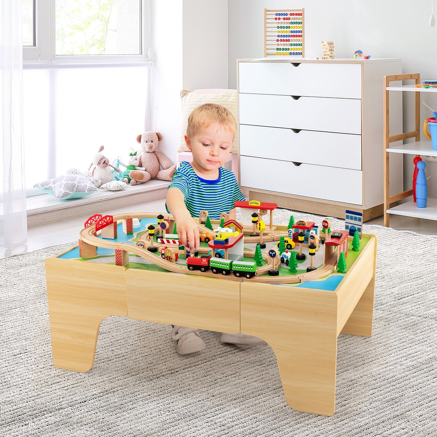84-Piece Wooden Train Set with Reversible and Detachable Tabletop Kids Crystal