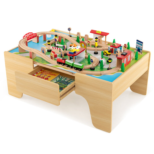 84-Piece Wooden Train Set with Reversible and Detachable Tabletop Kids Crystal