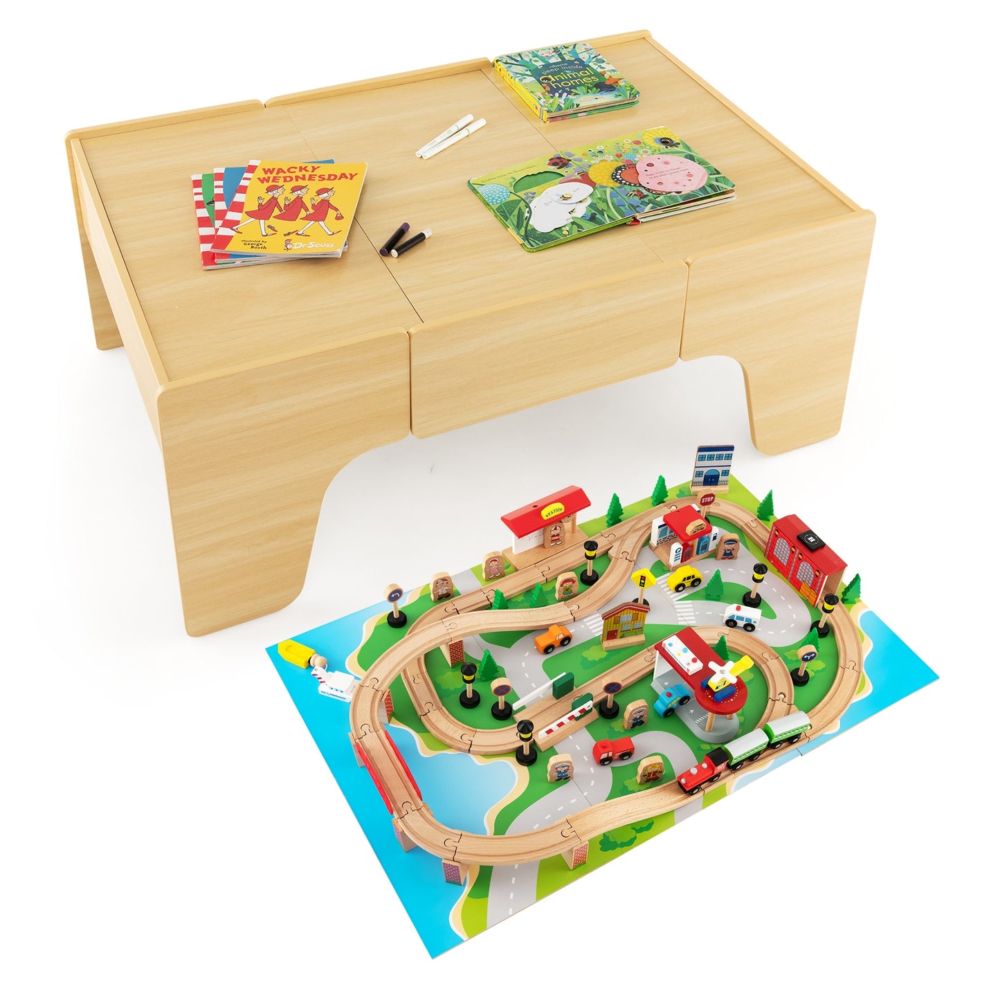 84-Piece Wooden Train Set with Reversible and Detachable Tabletop Kids Crystal