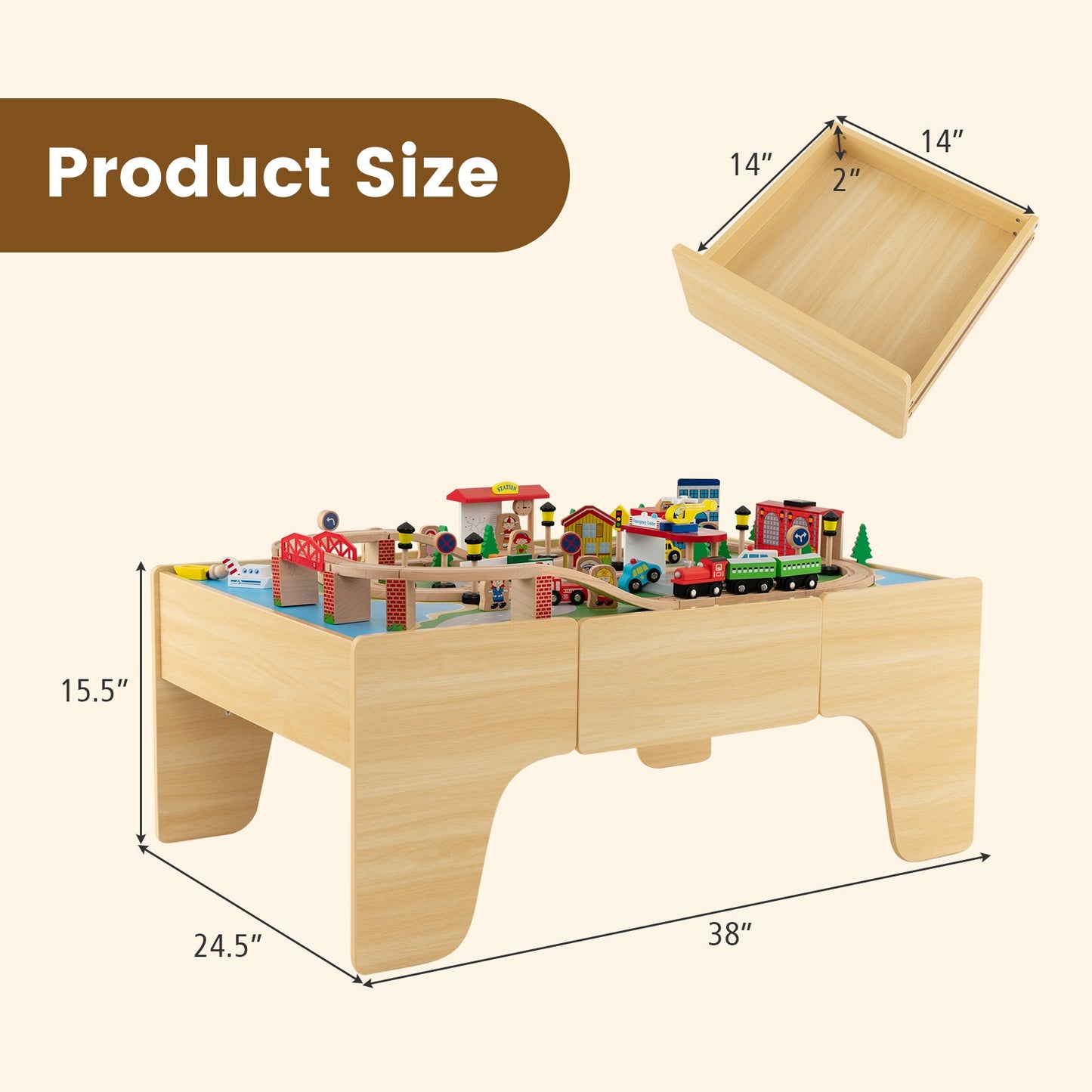 84-Piece Wooden Train Set with Reversible and Detachable Tabletop Kids Crystal