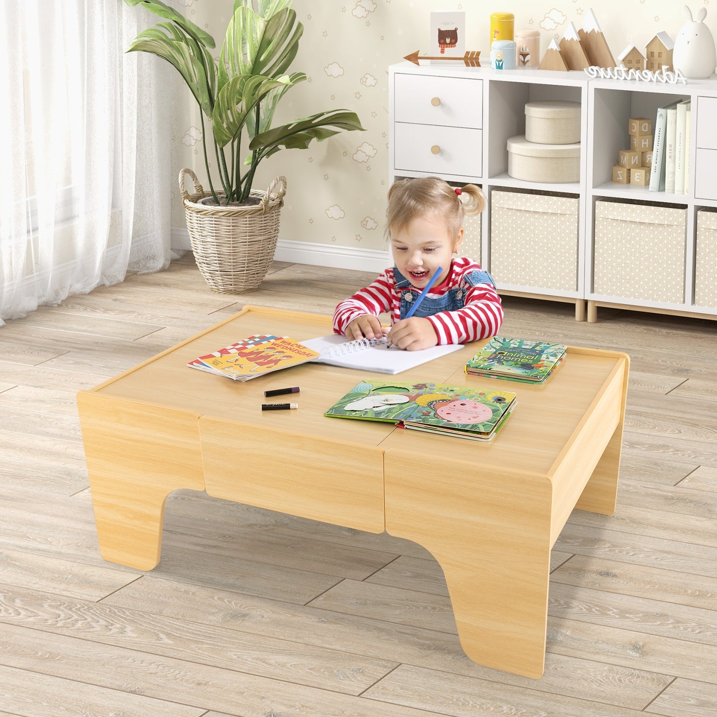 84-Piece Wooden Train Set with Reversible and Detachable Tabletop Kids Crystal
