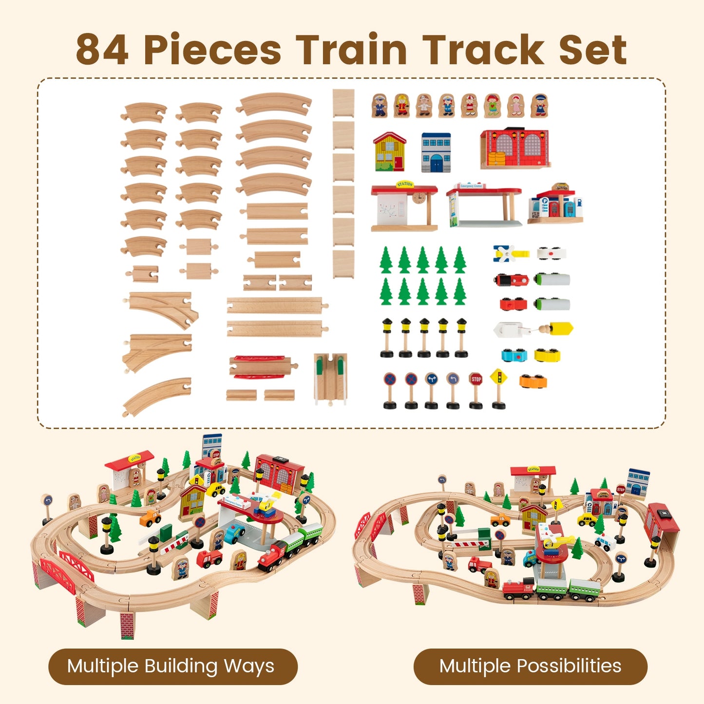 84-Piece Wooden Train Set with Reversible and Detachable Tabletop Kids Crystal