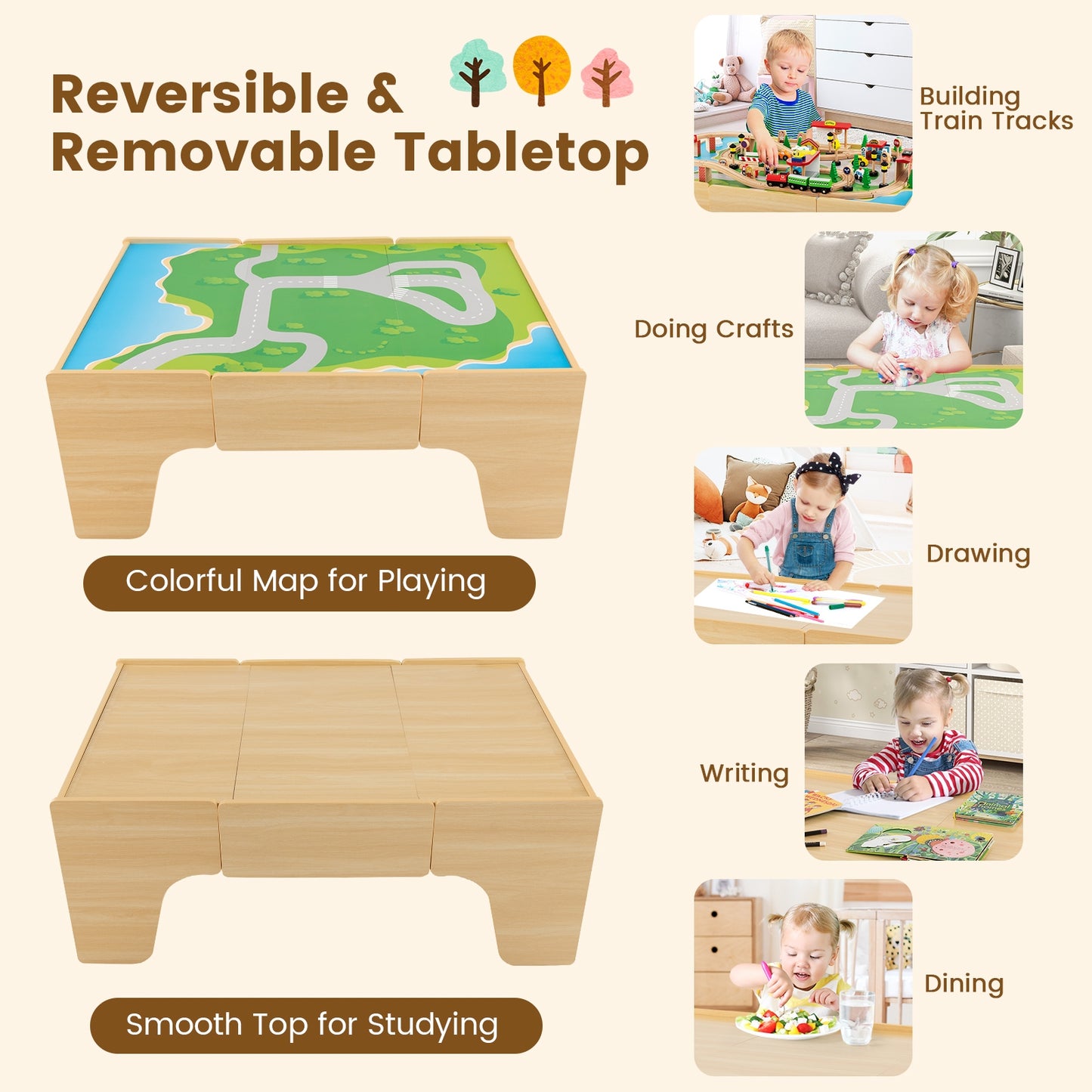 84-Piece Wooden Train Set with Reversible and Detachable Tabletop Kids Crystal