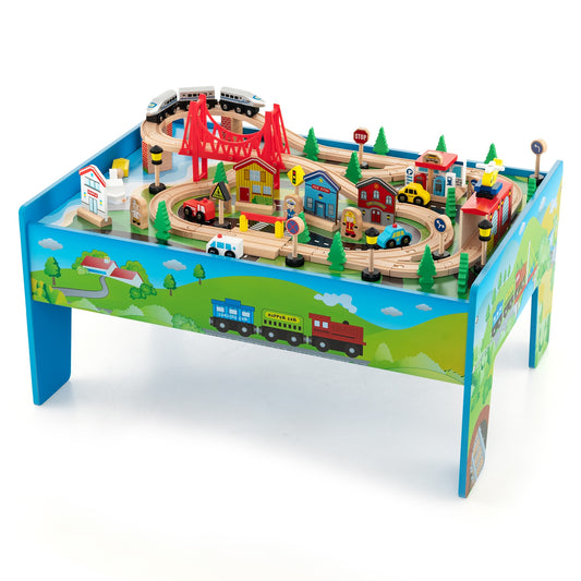 80-Piece Wooden Train Set and Table Kids Crystal