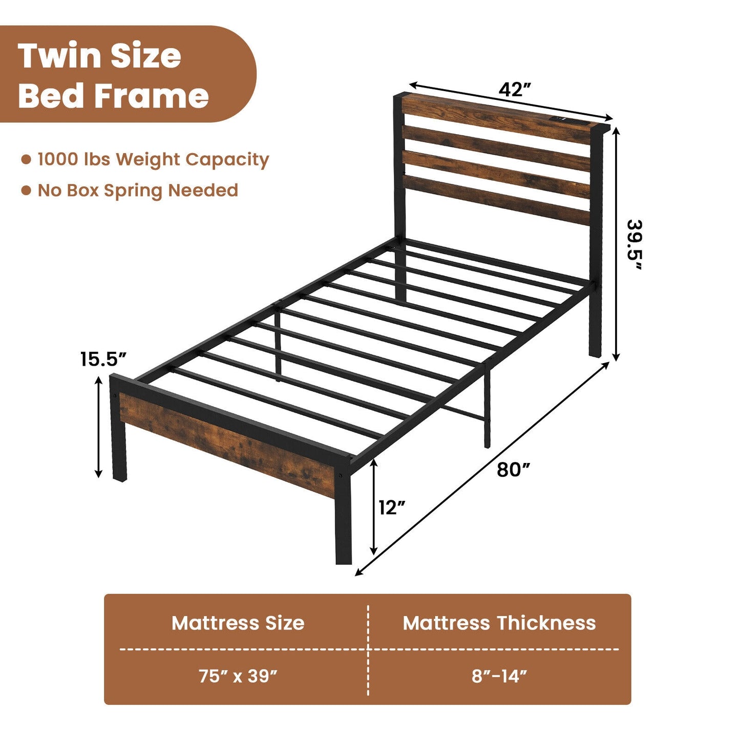 Full/Queen Size Bed Frame with Charging Station and Storage Headboard-Twin Size Kids Crystal