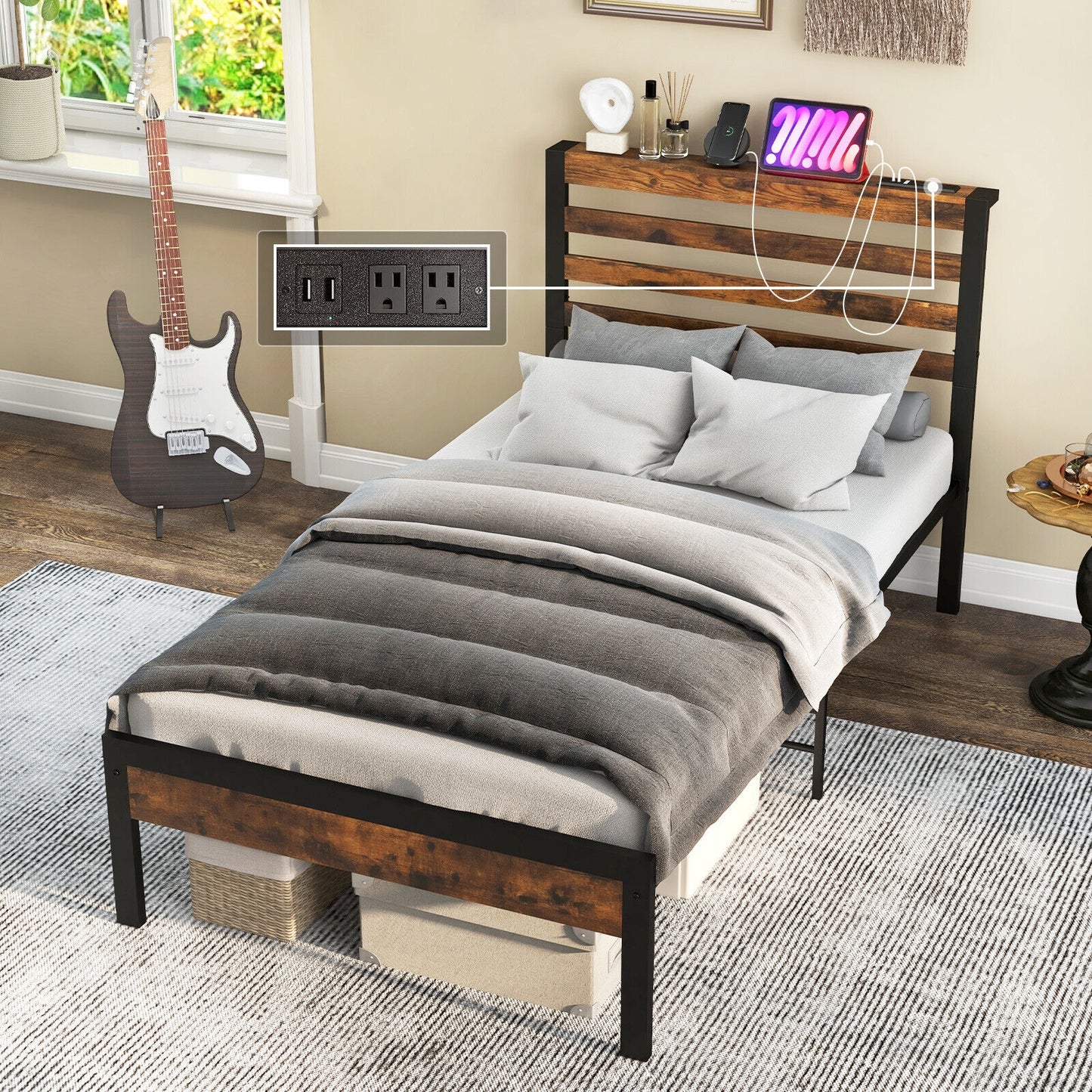 Full/Queen Size Bed Frame with Charging Station and Storage Headboard-Twin Size Kids Crystal