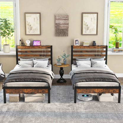 Full/Queen Size Bed Frame with Charging Station and Storage Headboard-Twin Size