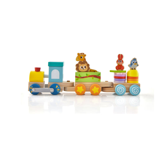 Wooden Stackable Educational Train Set with Colorful Animal Toys and Retractable Locomotive Kids Crystal