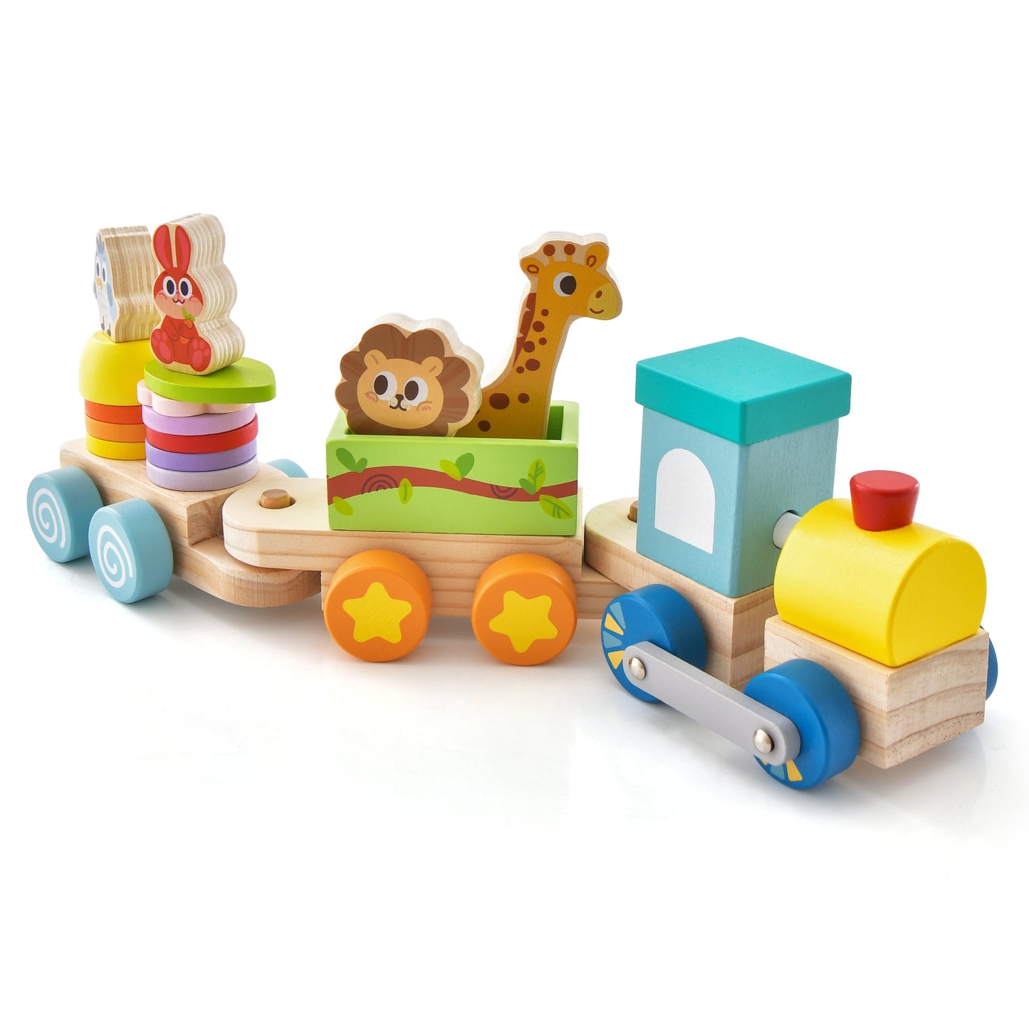 Wooden Stackable Educational Train Set with Colorful Animal Toys and Retractable Locomotive Kids Crystal