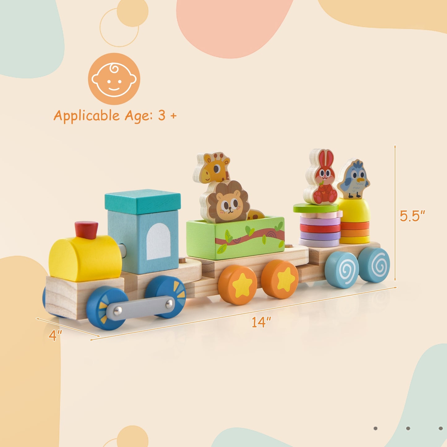 Wooden Stackable Educational Train Set with Colorful Animal Toys and Retractable Locomotive Kids Crystal