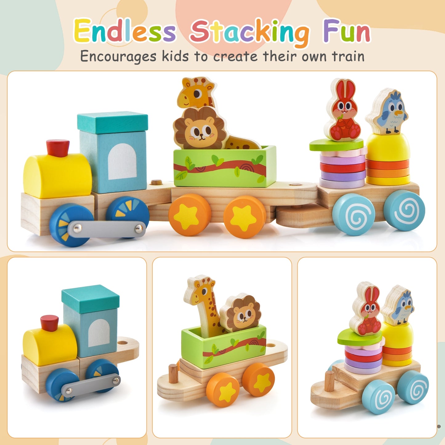 Wooden Stackable Educational Train Set with Colorful Animal Toys and Retractable Locomotive Kids Crystal
