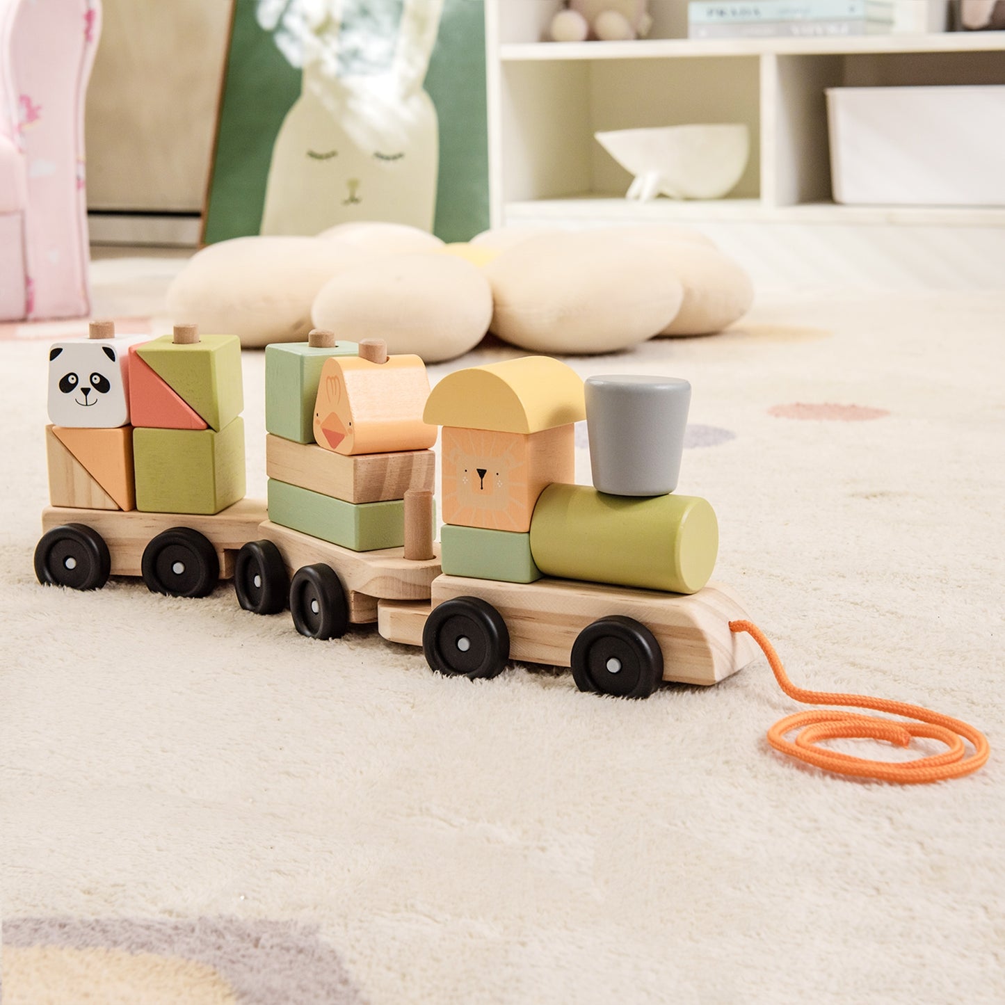 3-Section Toy Wooden Train Set with Stackable Building Blocks Kids Crystal
