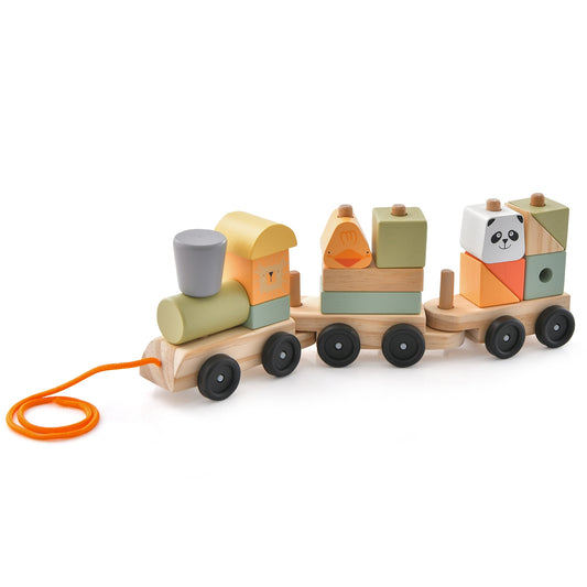 3-Section Toy Wooden Train Set with Stackable Building Blocks Kids Crystal