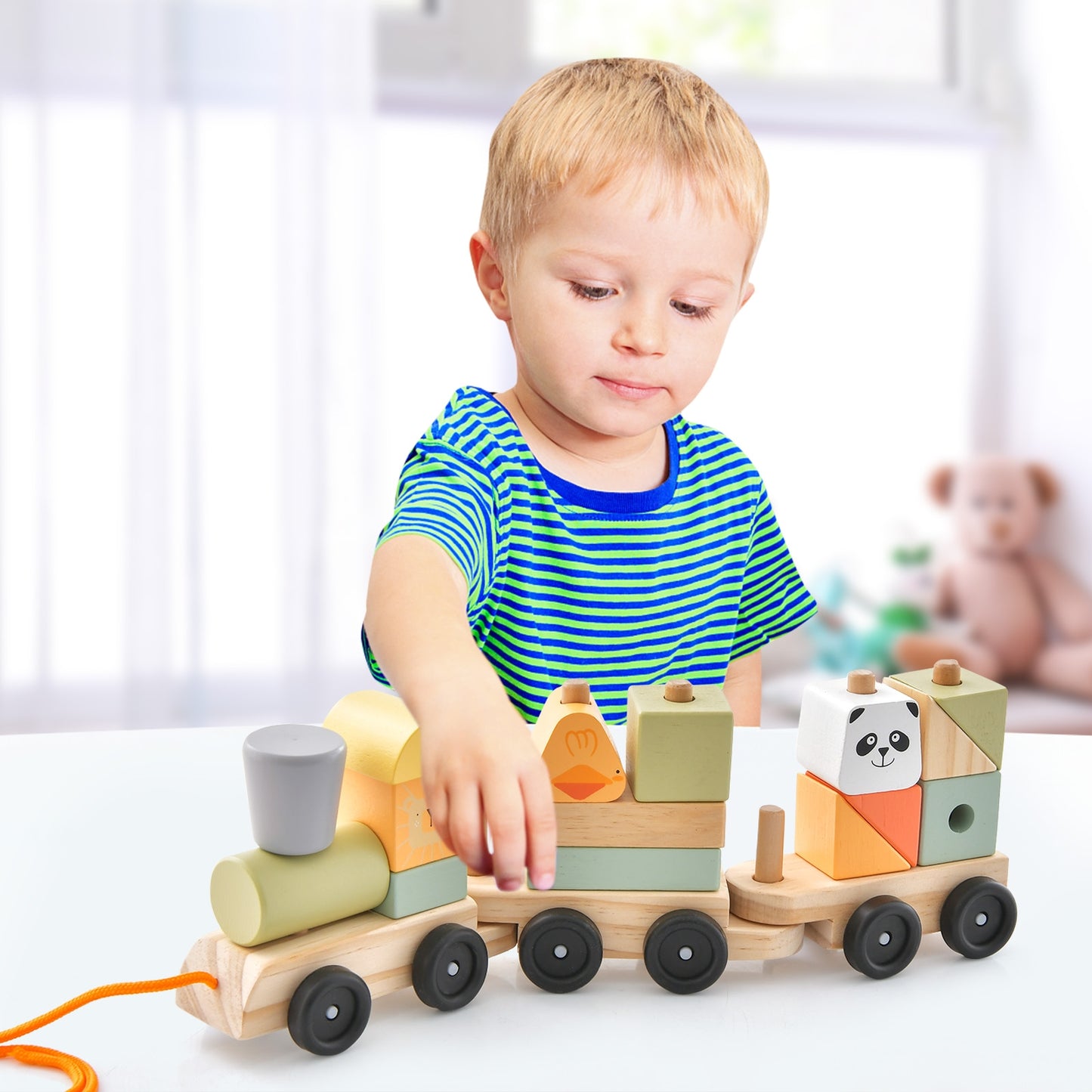 3-Section Toy Wooden Train Set with Stackable Building Blocks Kids Crystal