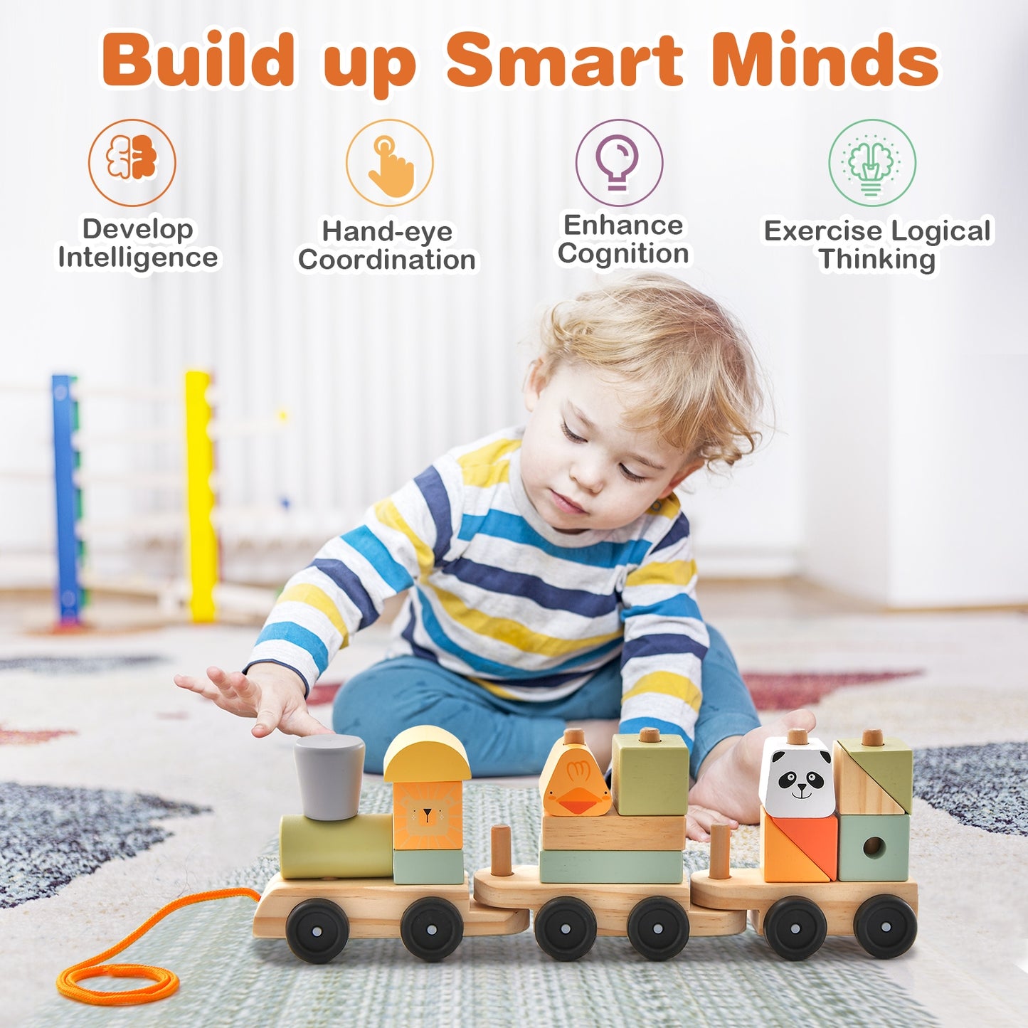 3-Section Toy Wooden Train Set with Stackable Building Blocks Kids Crystal