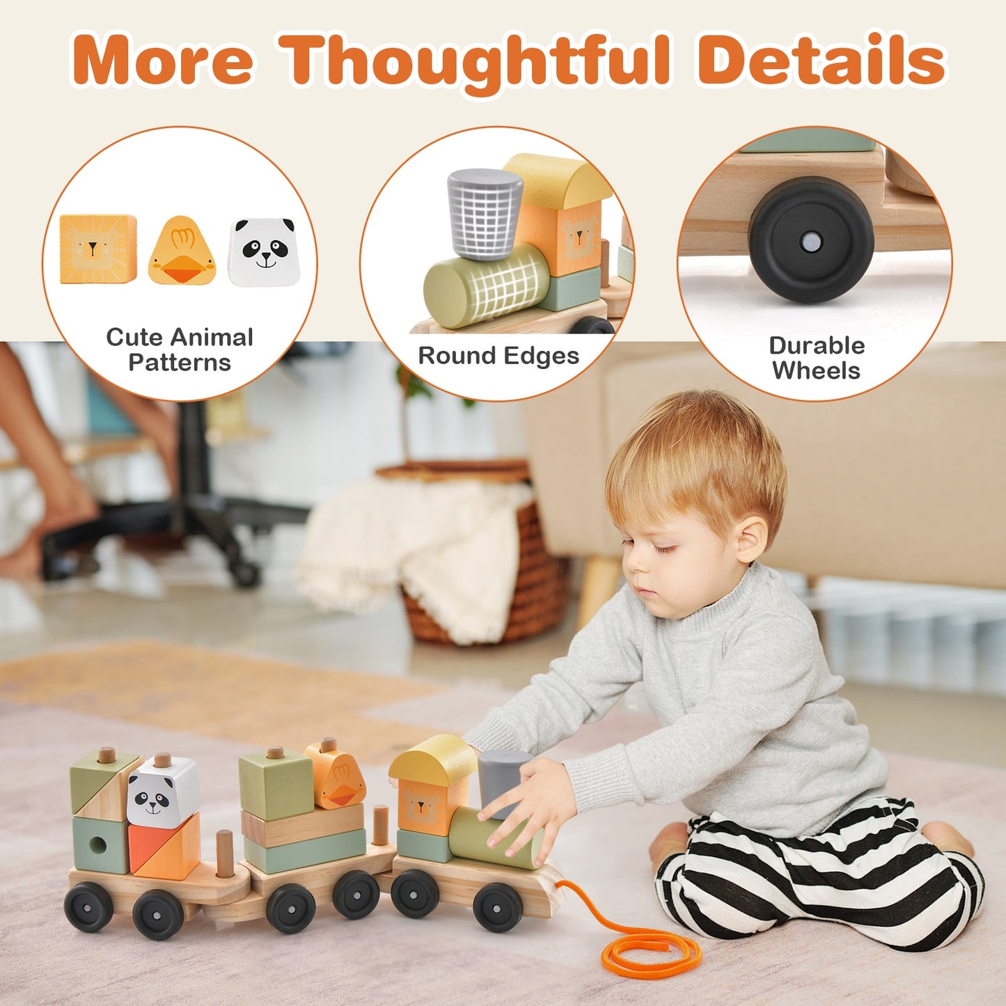 3-Section Toy Wooden Train Set with Stackable Building Blocks Kids Crystal