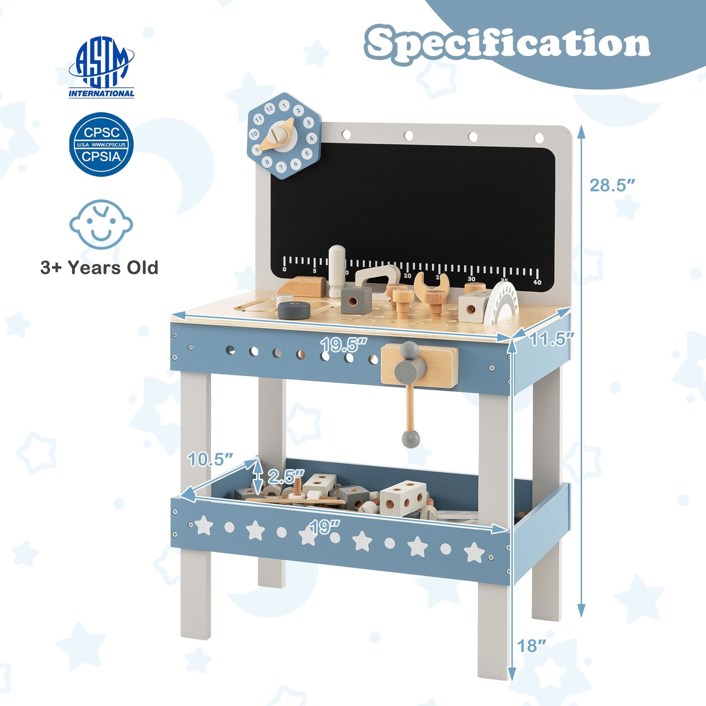 Kids Play Tool Workbench Set with 61 Pcs Tool and Parts Set-Blue Kids Crystal