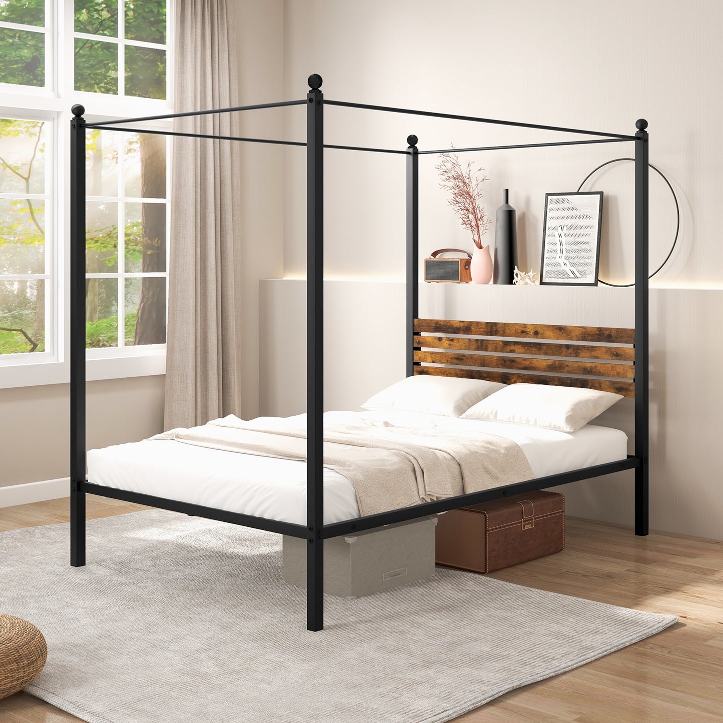 Queen Size Canopy Bed Frame with Under Bed Storage-Full Size Kids Crystal