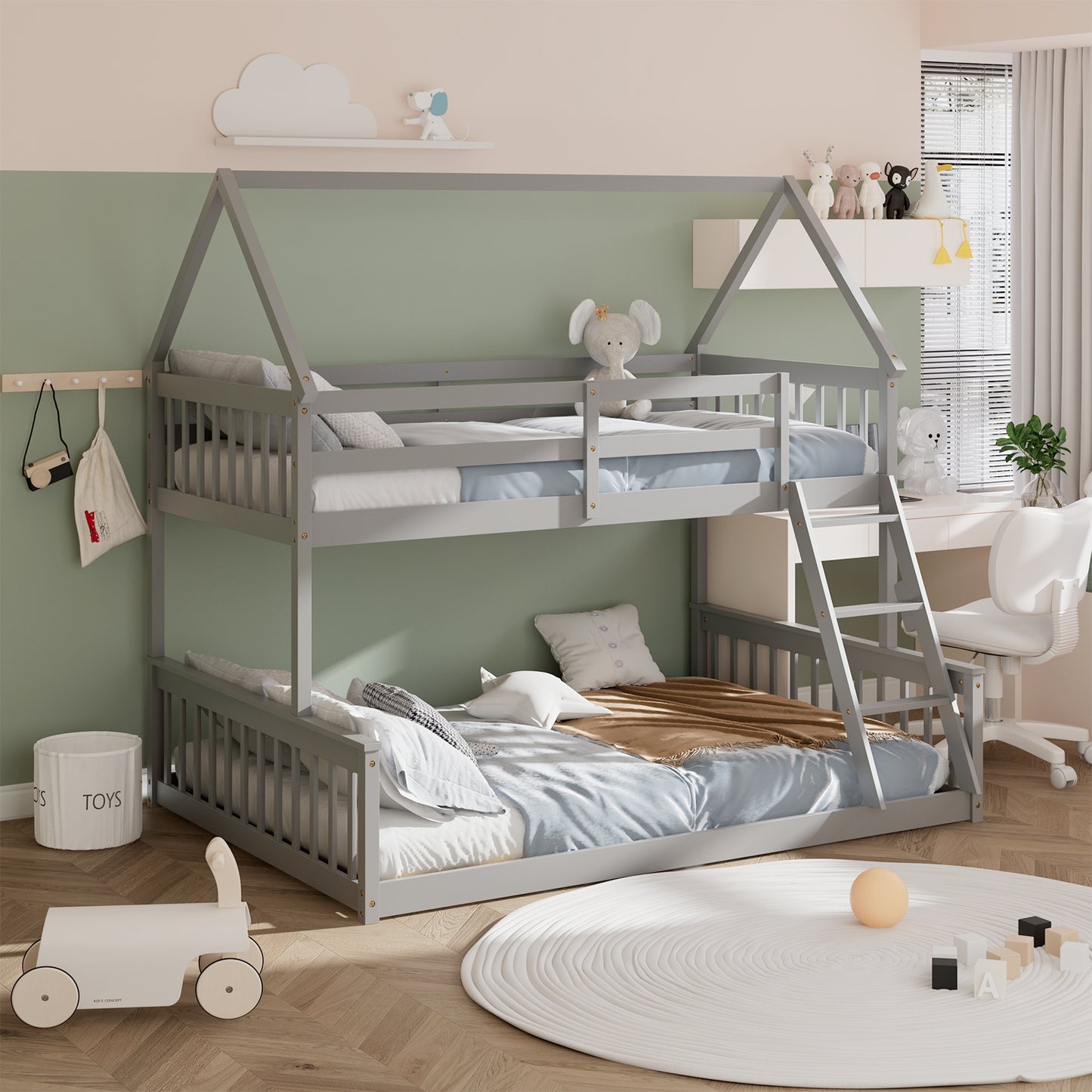 Twin Over Full House Bunk Bed with Ladder and Guardrails-Gray Kids Crystal