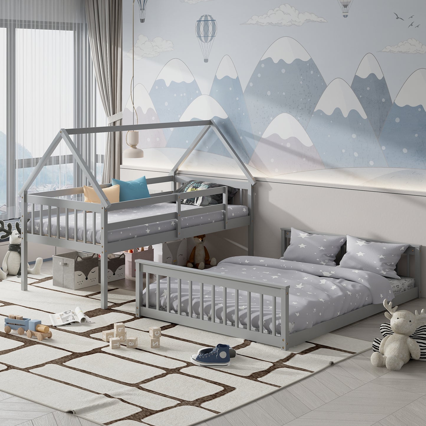 Twin Over Full House Bunk Bed with Ladder and Guardrails-Gray Kids Crystal