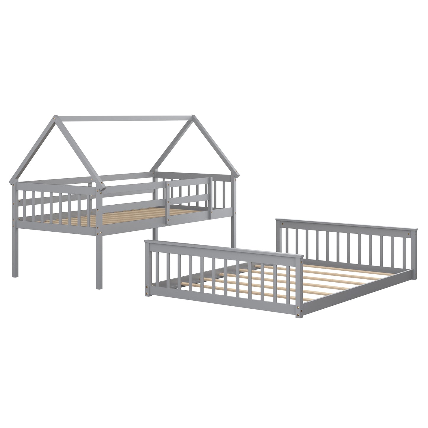 Twin Over Full House Bunk Bed with Ladder and Guardrails-Gray Kids Crystal