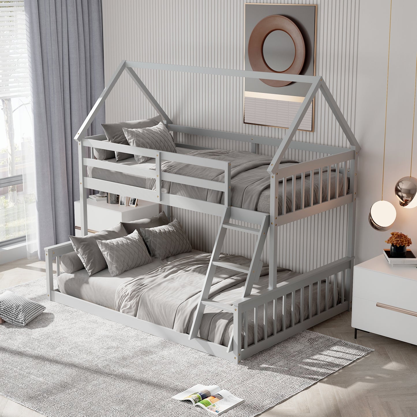 Twin Over Full House Bunk Bed with Ladder and Guardrails-Gray Kids Crystal