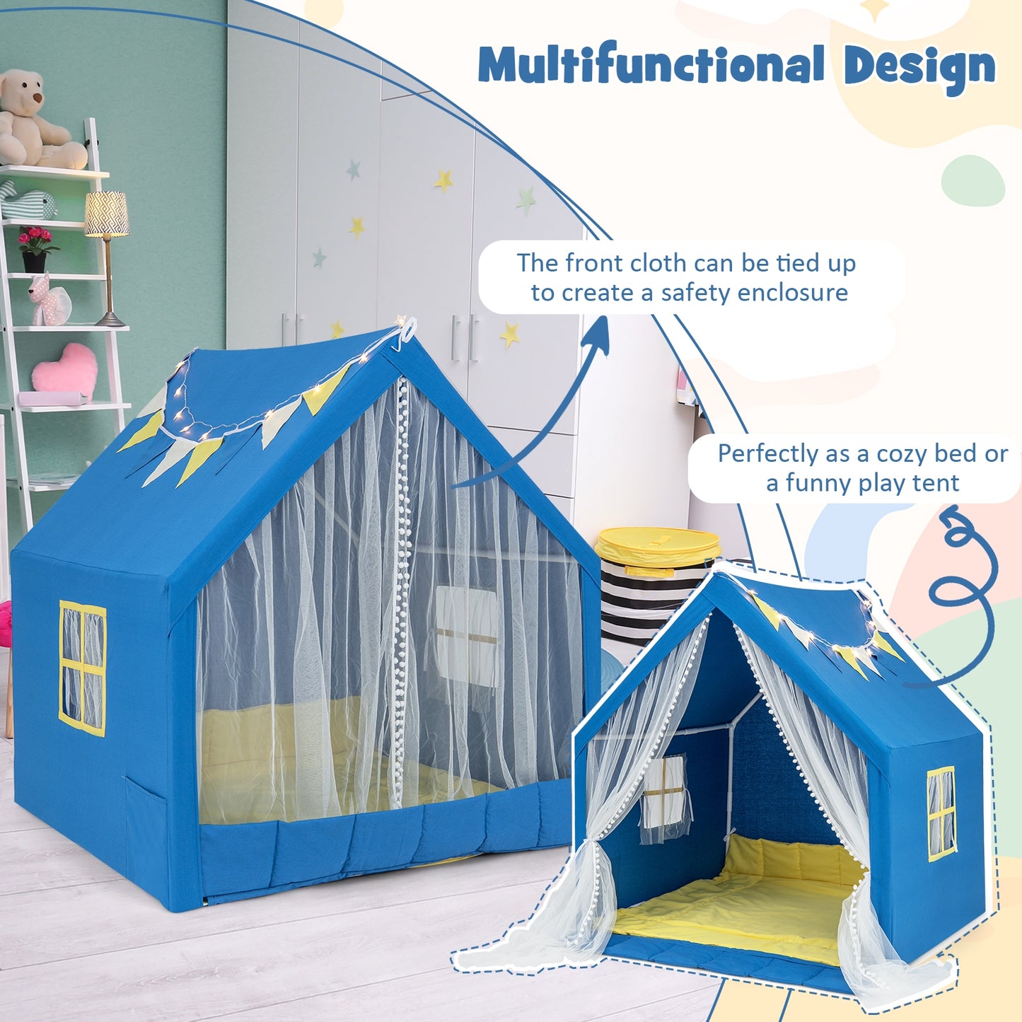 48 x 42 x 50 Inch Large Play Tent with Washable Cotton Mat Holiday Birthday Gift for Kids-Blue Kids Crystal