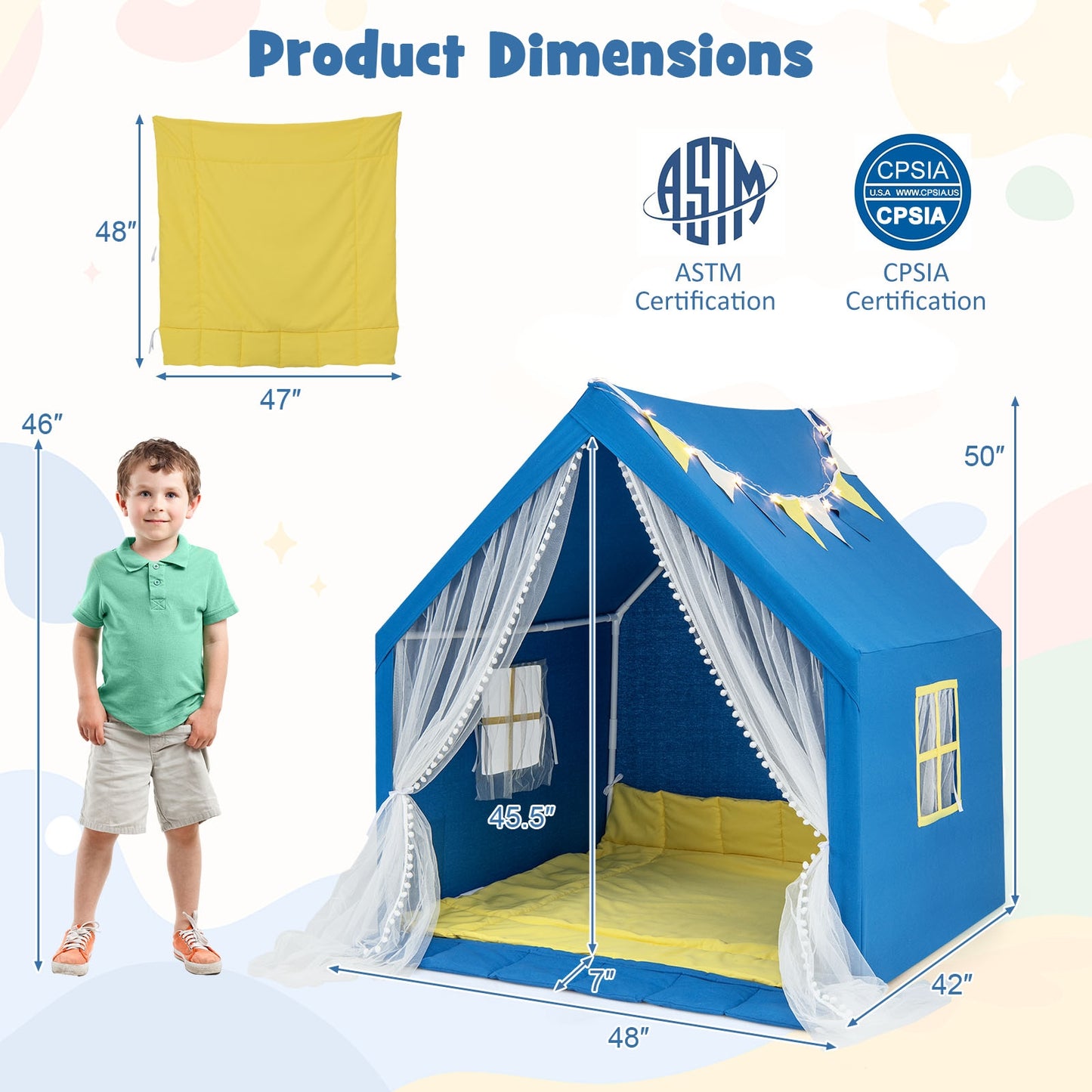 48 x 42 x 50 Inch Large Play Tent with Washable Cotton Mat Holiday Birthday Gift for Kids-Blue Kids Crystal