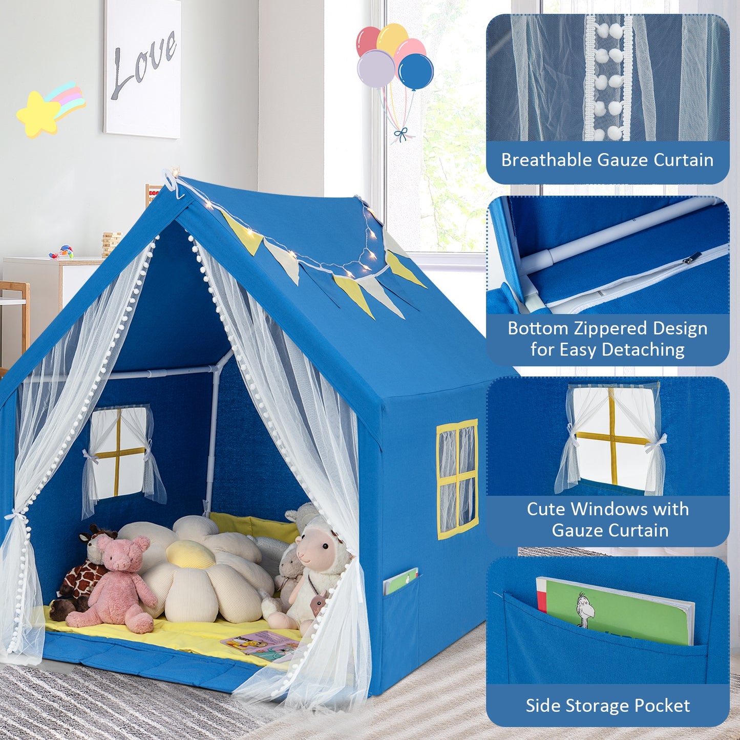48 x 42 x 50 Inch Large Play Tent with Washable Cotton Mat Holiday Birthday Gift for Kids-Blue Kids Crystal