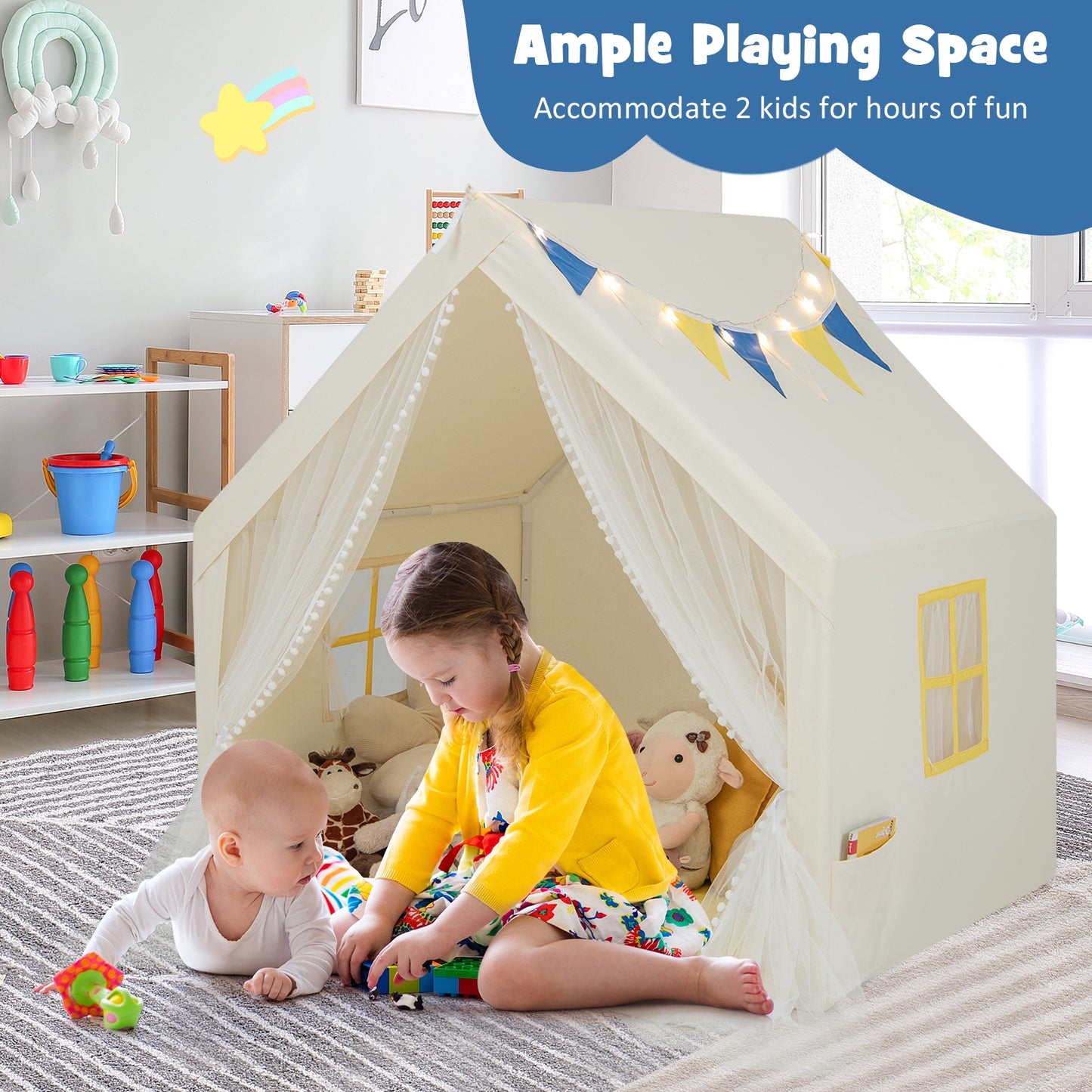 48 x 42 x 50 Inch Large Play Tent with Washable Cotton Mat Holiday Birthday Gift for Kids-Beige Kids Crystal