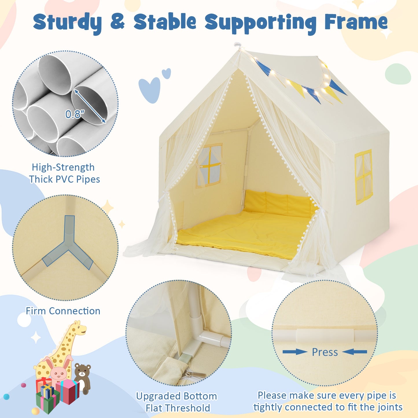48 x 42 x 50 Inch Large Play Tent with Washable Cotton Mat Holiday Birthday Gift for Kids-Beige Kids Crystal