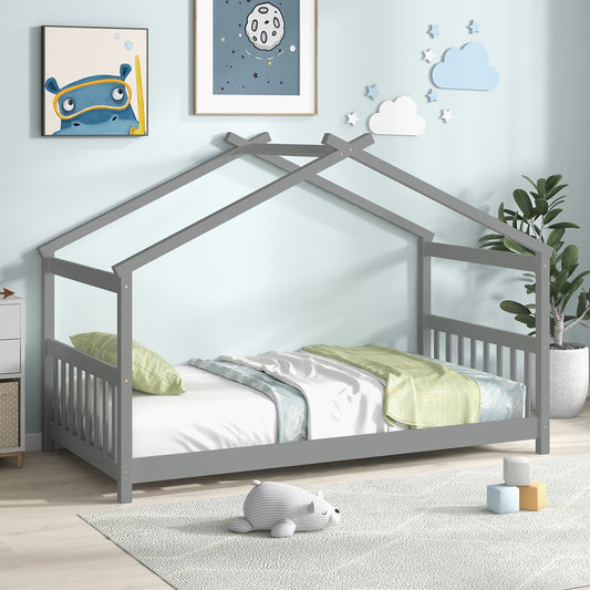 Twin Size Wooden House Bed with Roof-Gray Kids Crystal