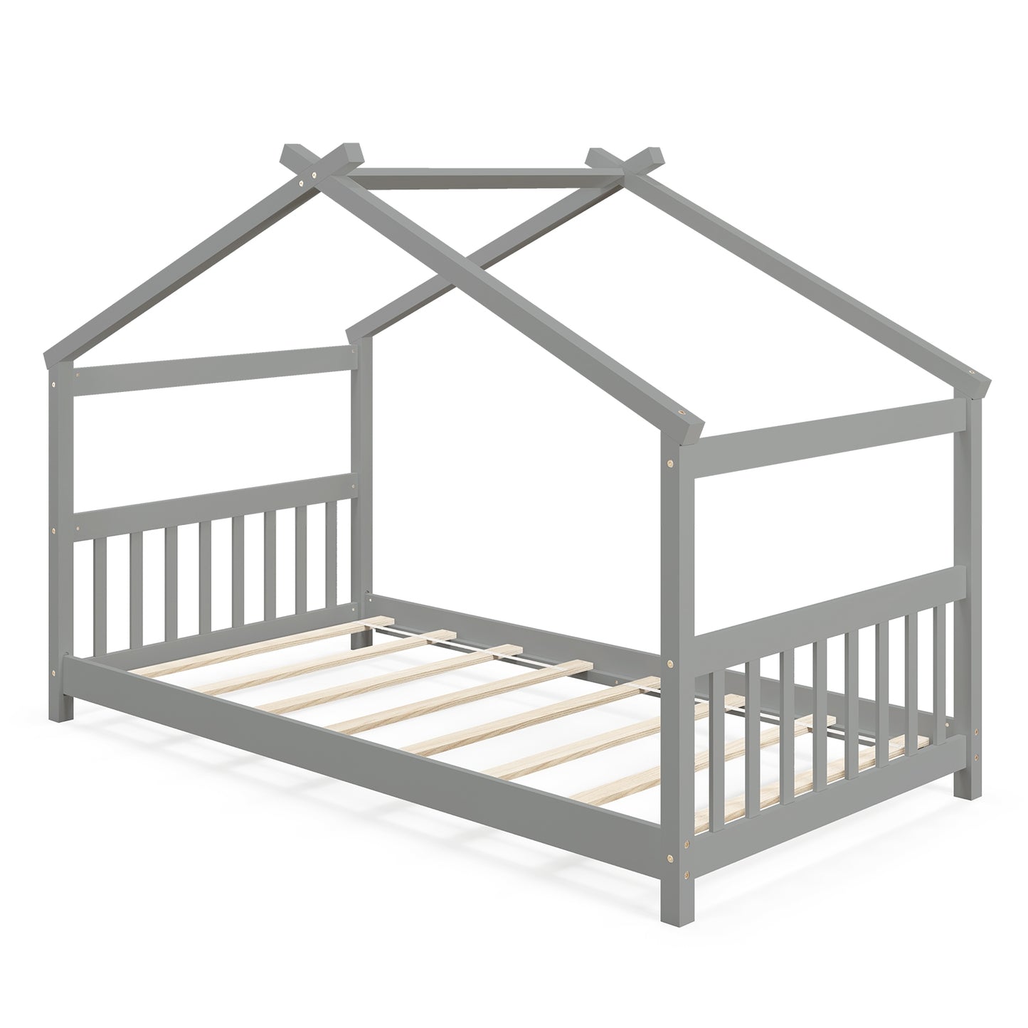 Twin Size Wooden House Bed with Roof-Gray Kids Crystal