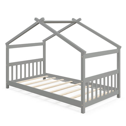 Twin Size Wooden House Bed with Roof-Gray