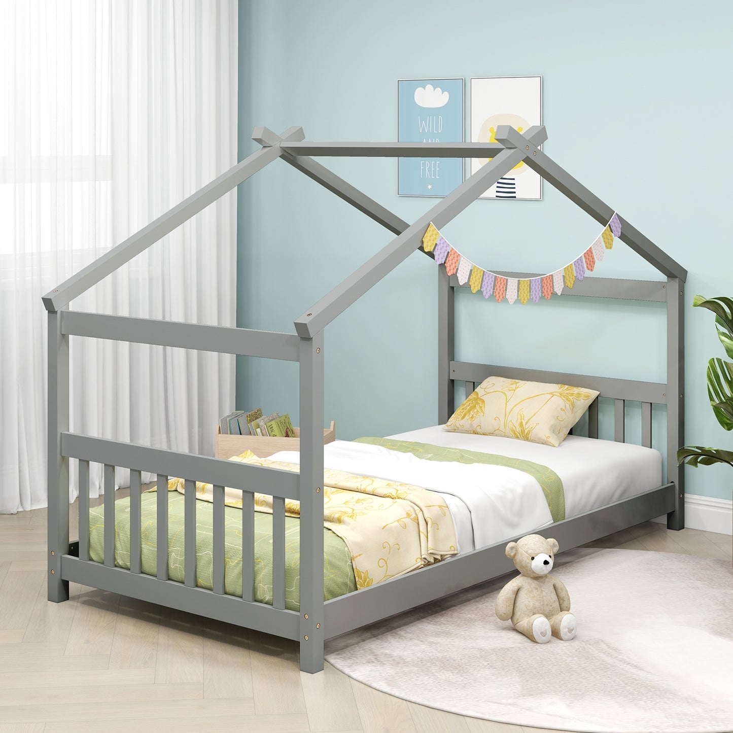 Twin Size Wooden House Bed with Roof-Gray Kids Crystal
