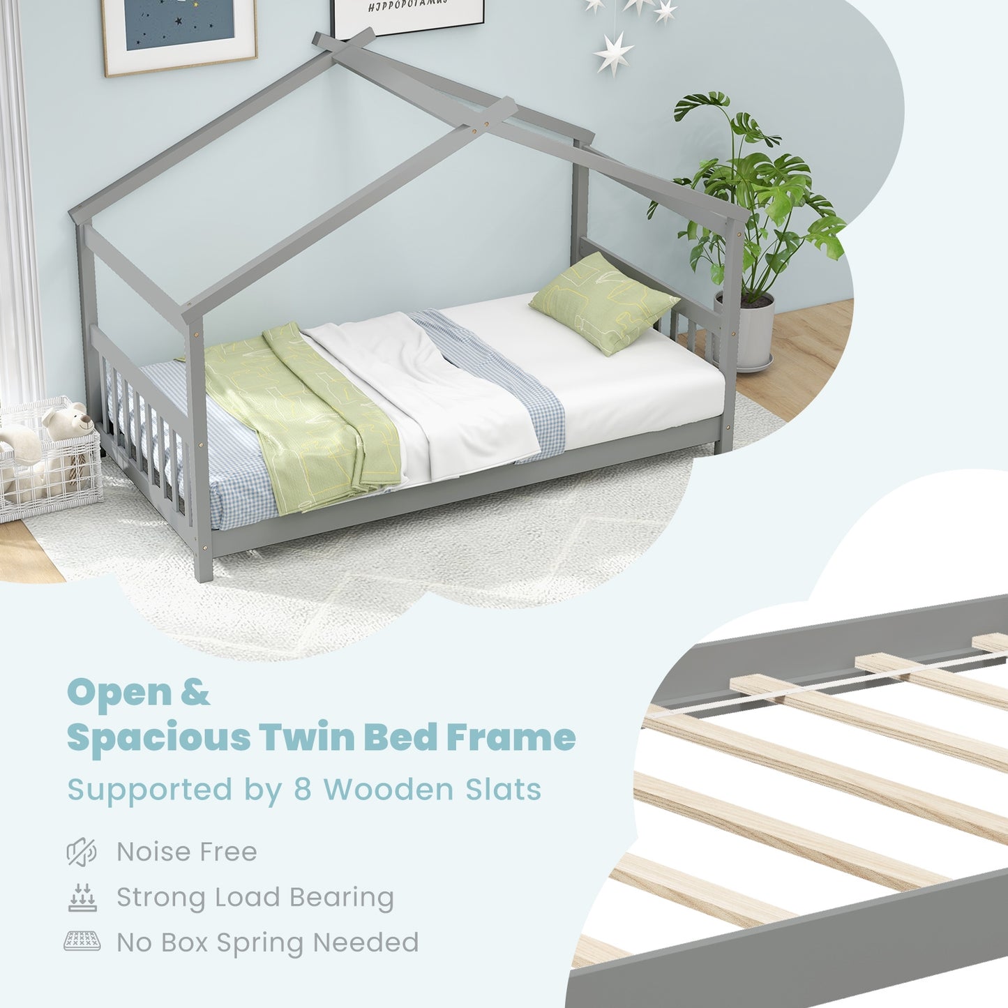 Twin Size Wooden House Bed with Roof-Gray Kids Crystal