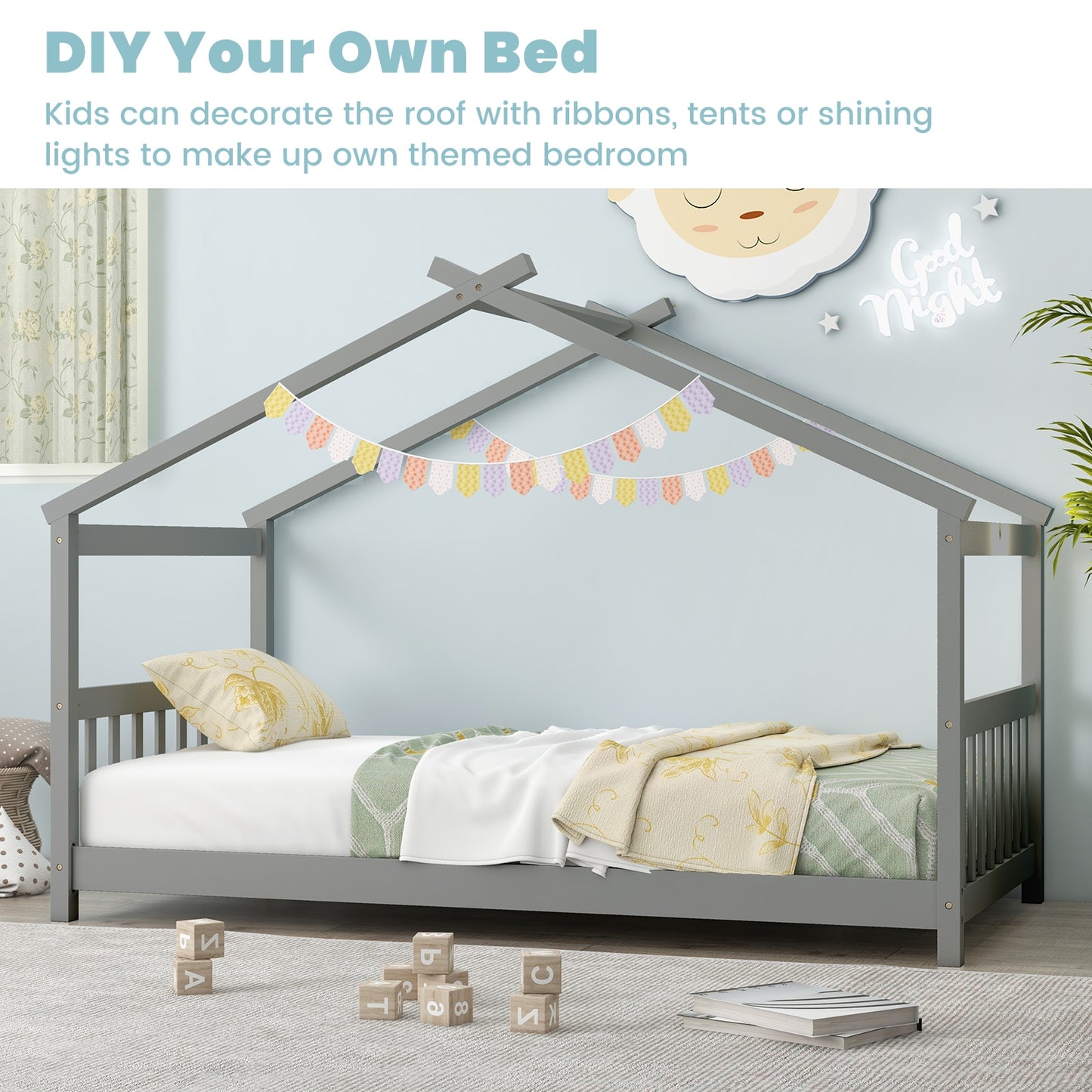 Twin Size Wooden House Bed with Roof-Gray Kids Crystal