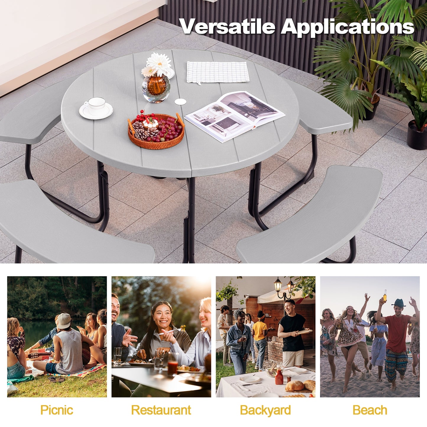 8-Person Outdoor Picnic Table and Bench Set with Umbrella Hole-Gray Kids Crystal
