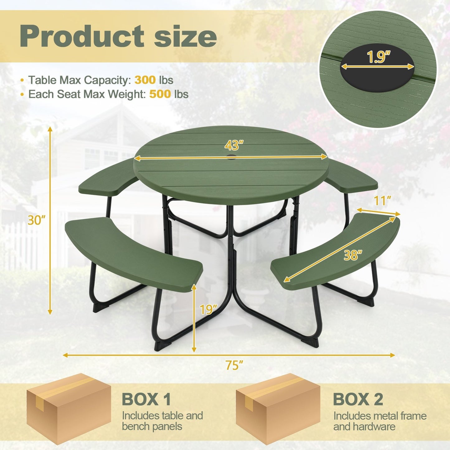 8-Person Outdoor Picnic Table and Bench Set with Umbrella Hole-Green Kids Crystal