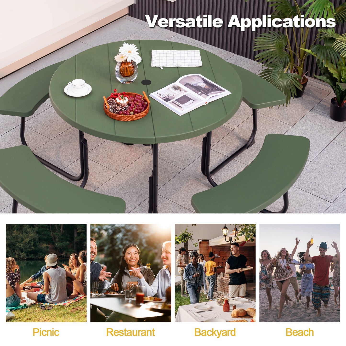 8-Person Outdoor Picnic Table and Bench Set with Umbrella Hole-Green Kids Crystal
