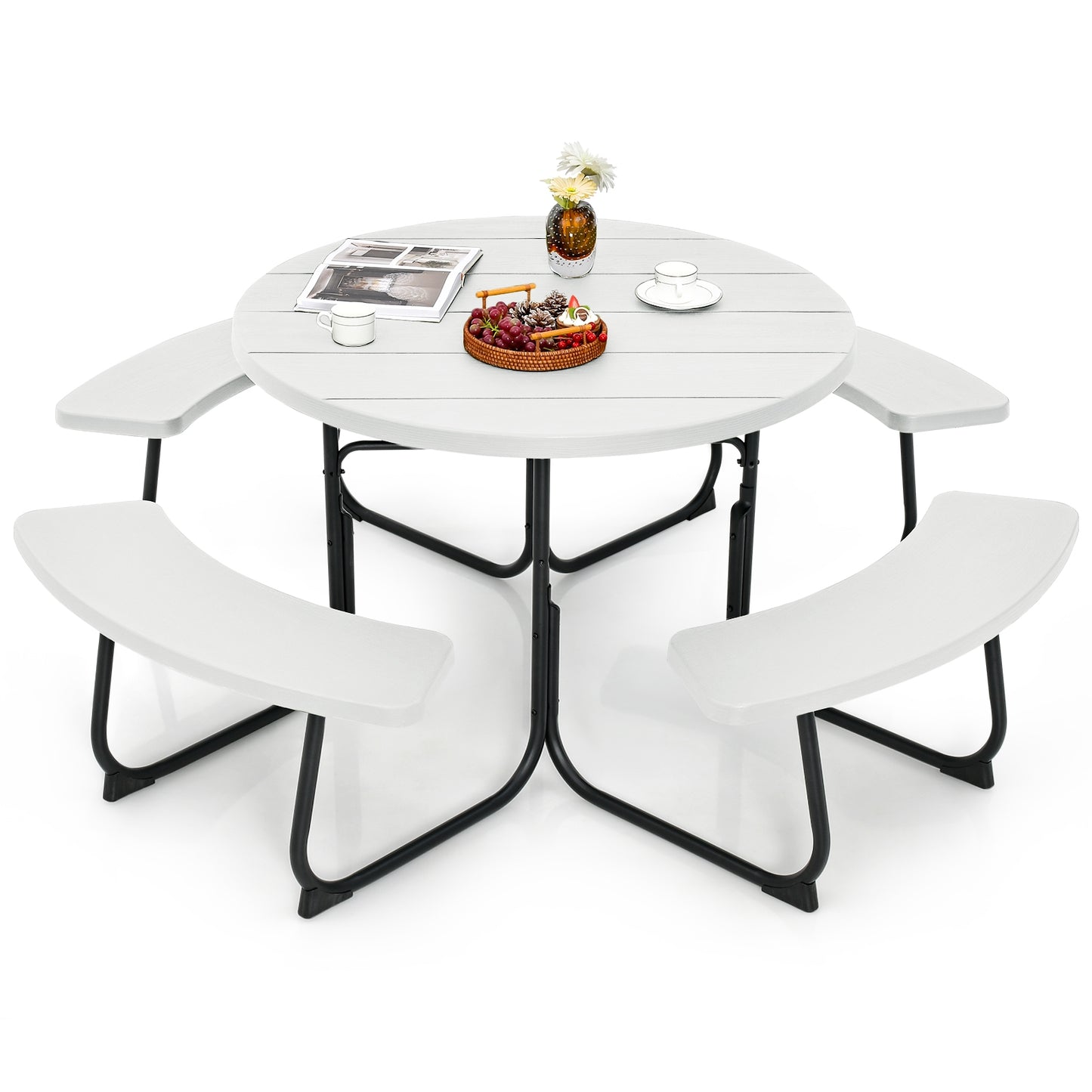 8-Person Outdoor Picnic Table and Bench Set with Umbrella Hole-White Kids Crystal