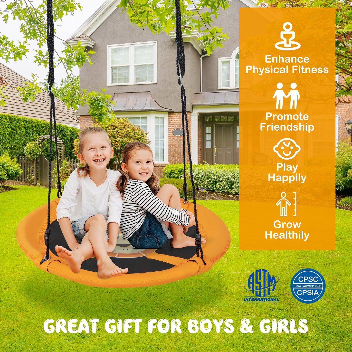 40 Inches Saucer Tree Swing Round with Adjustable Ropes and Carabiners-Yellow Kids Crystal