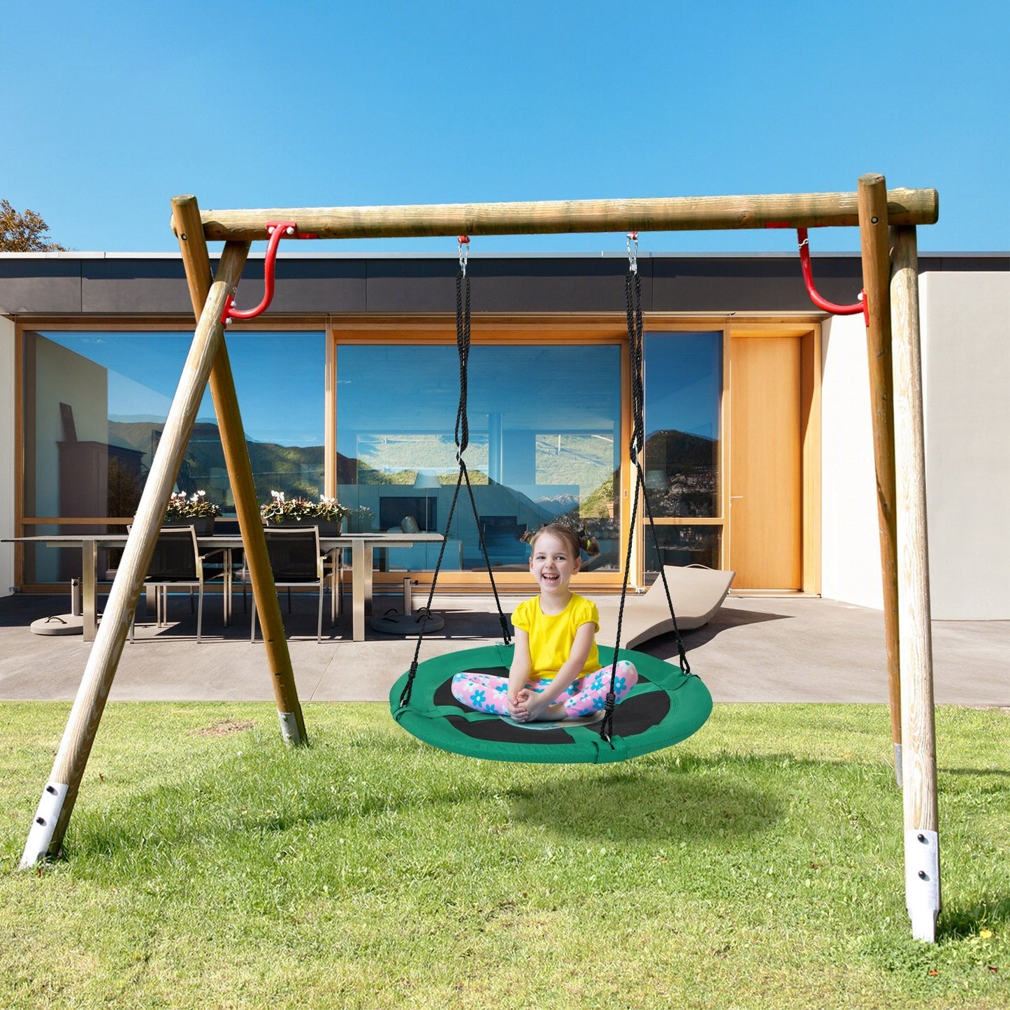40 Inches Saucer Tree Swing Round with Adjustable Ropes and Carabiners-Green Kids Crystal
