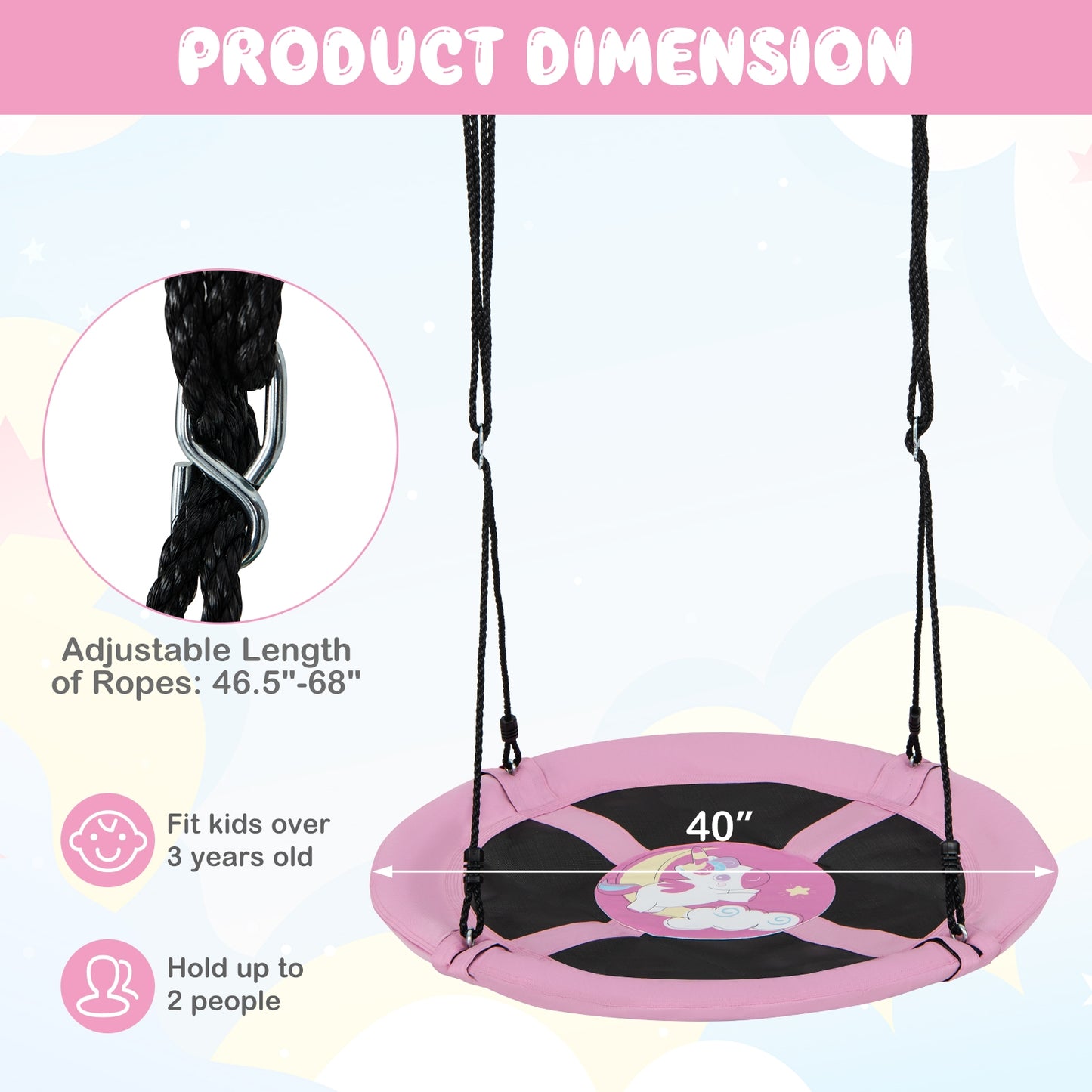 40 Inches Saucer Tree Swing Round with Adjustable Ropes and Carabiners-Pink Kids Crystal