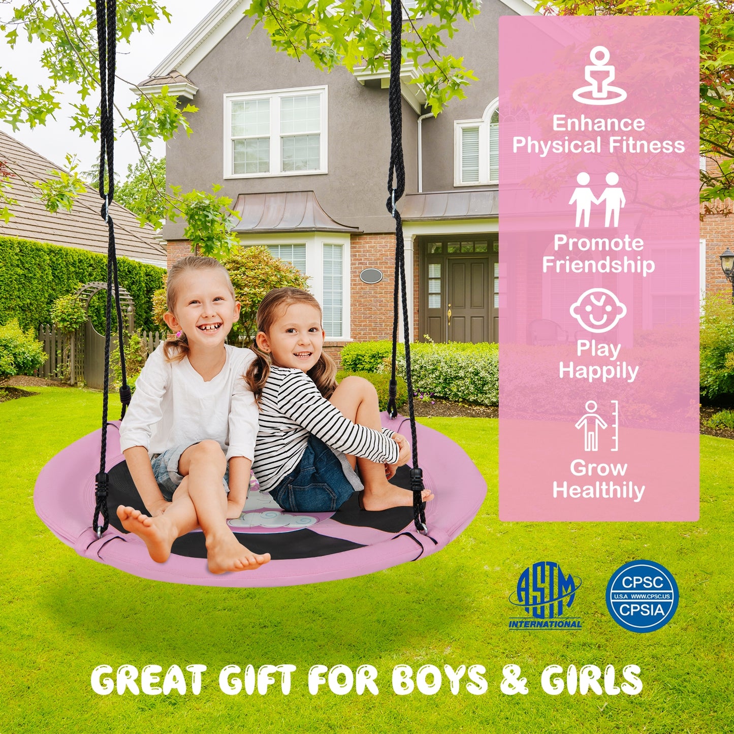 40 Inches Saucer Tree Swing Round with Adjustable Ropes and Carabiners-Pink Kids Crystal