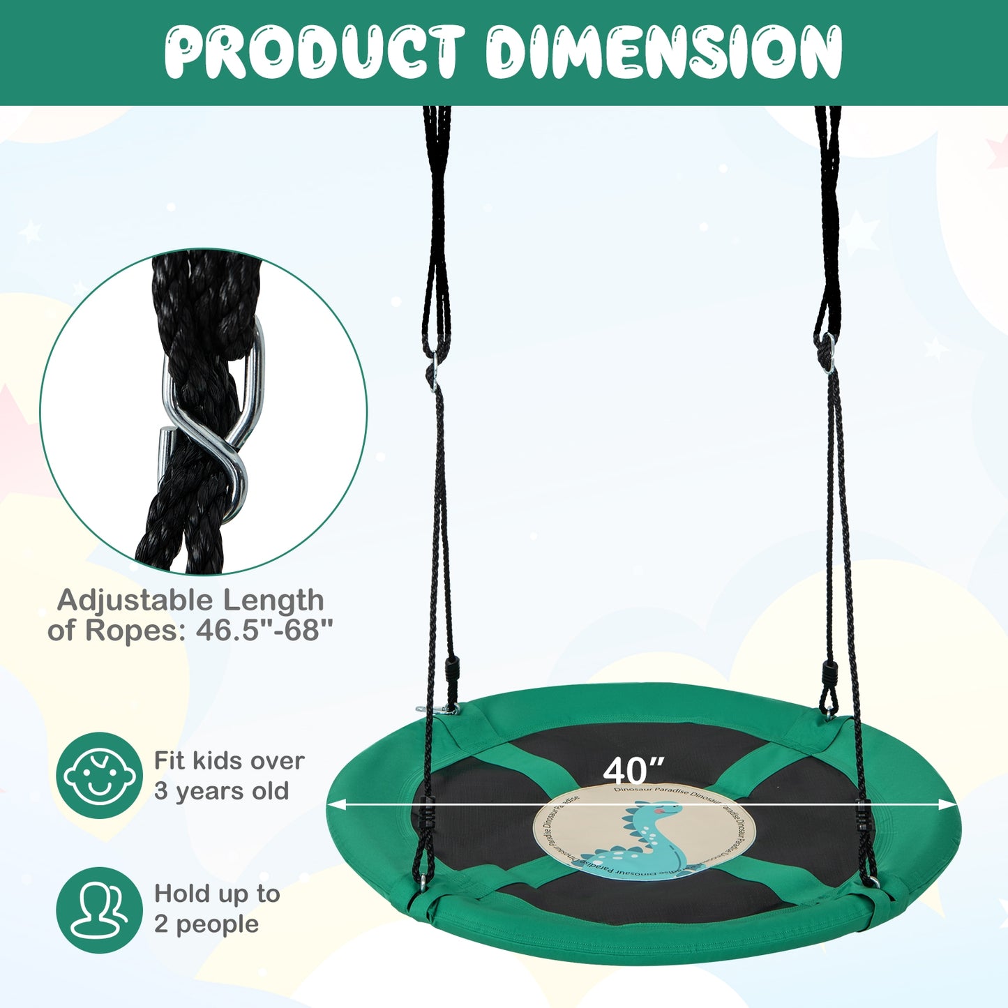 40 Inches Saucer Tree Swing Round with Adjustable Ropes and Carabiners-Green Kids Crystal