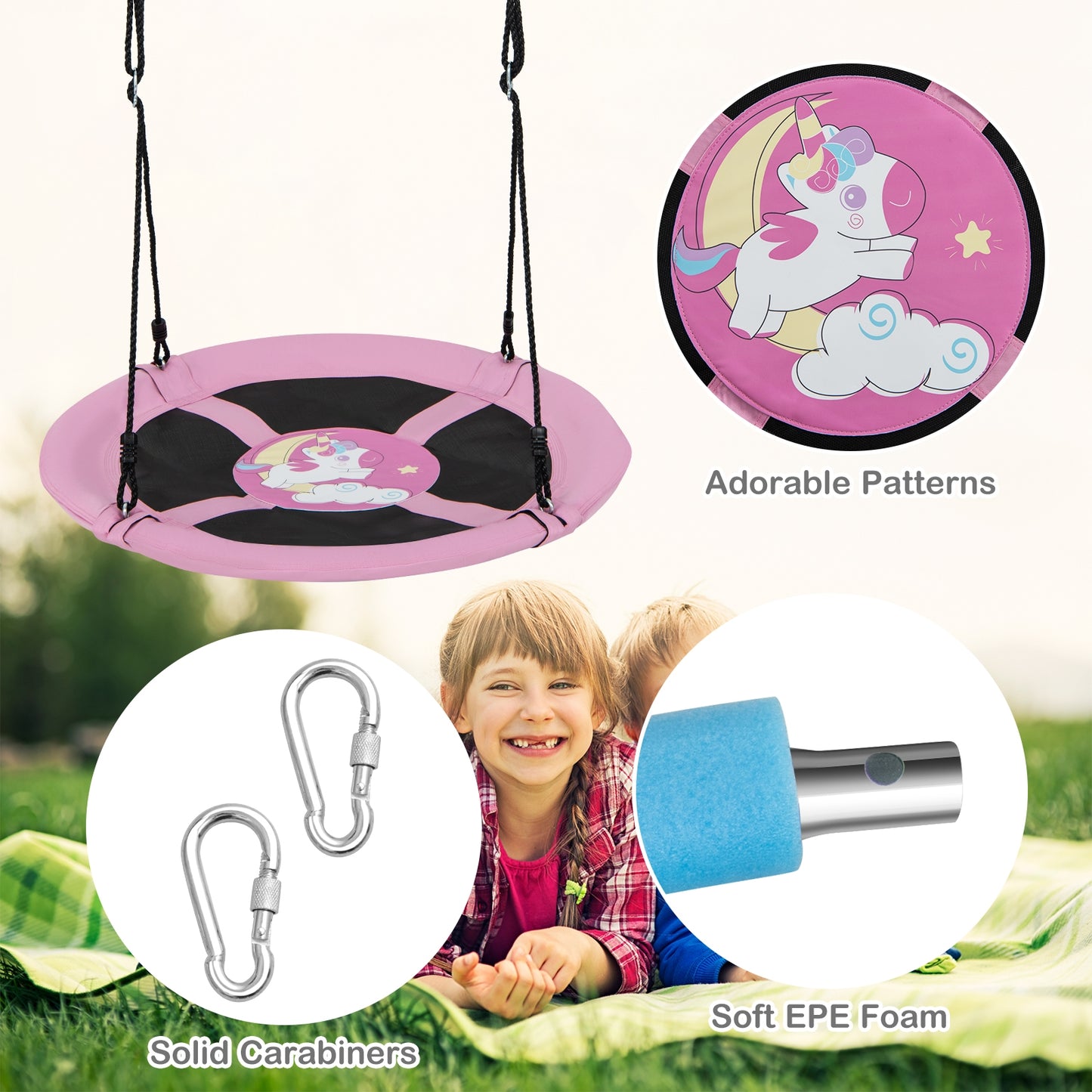 40 Inches Saucer Tree Swing Round with Adjustable Ropes and Carabiners-Pink Kids Crystal