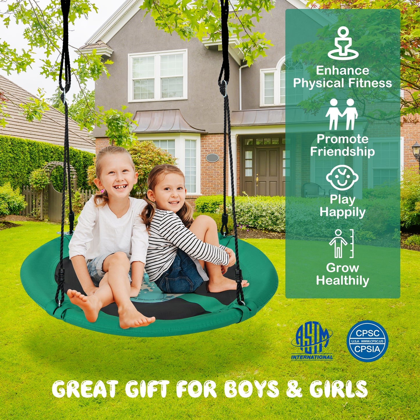 40 Inches Saucer Tree Swing Round with Adjustable Ropes and Carabiners-Green Kids Crystal