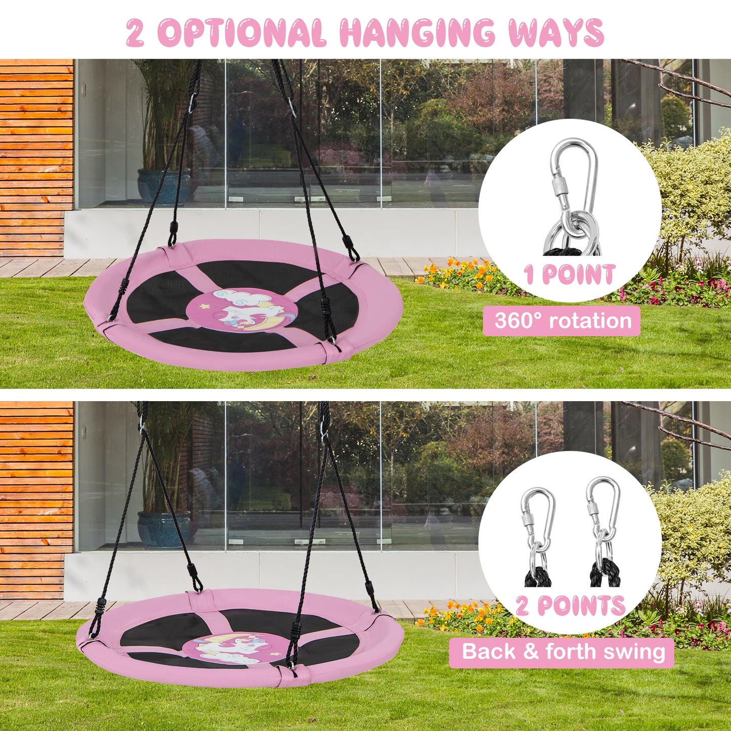 40 Inches Saucer Tree Swing Round with Adjustable Ropes and Carabiners-Pink Kids Crystal