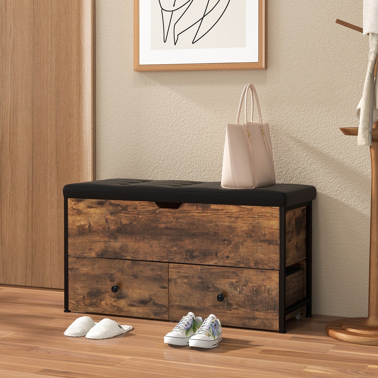 Storage Ottoman Bench with Padded Seat Cushion and 2 Drawers for Entryway-Brown Kids Crystal